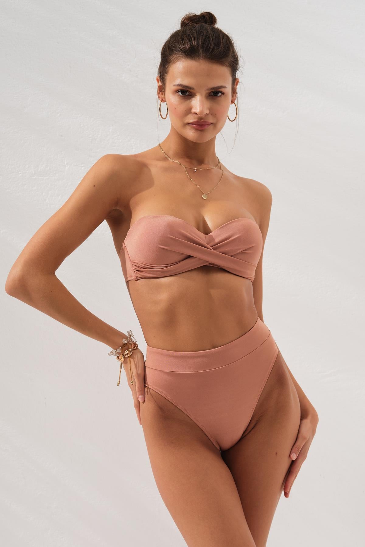 Bonie Dolgulu Straplez Yüksek Bel Bikini BRONZ