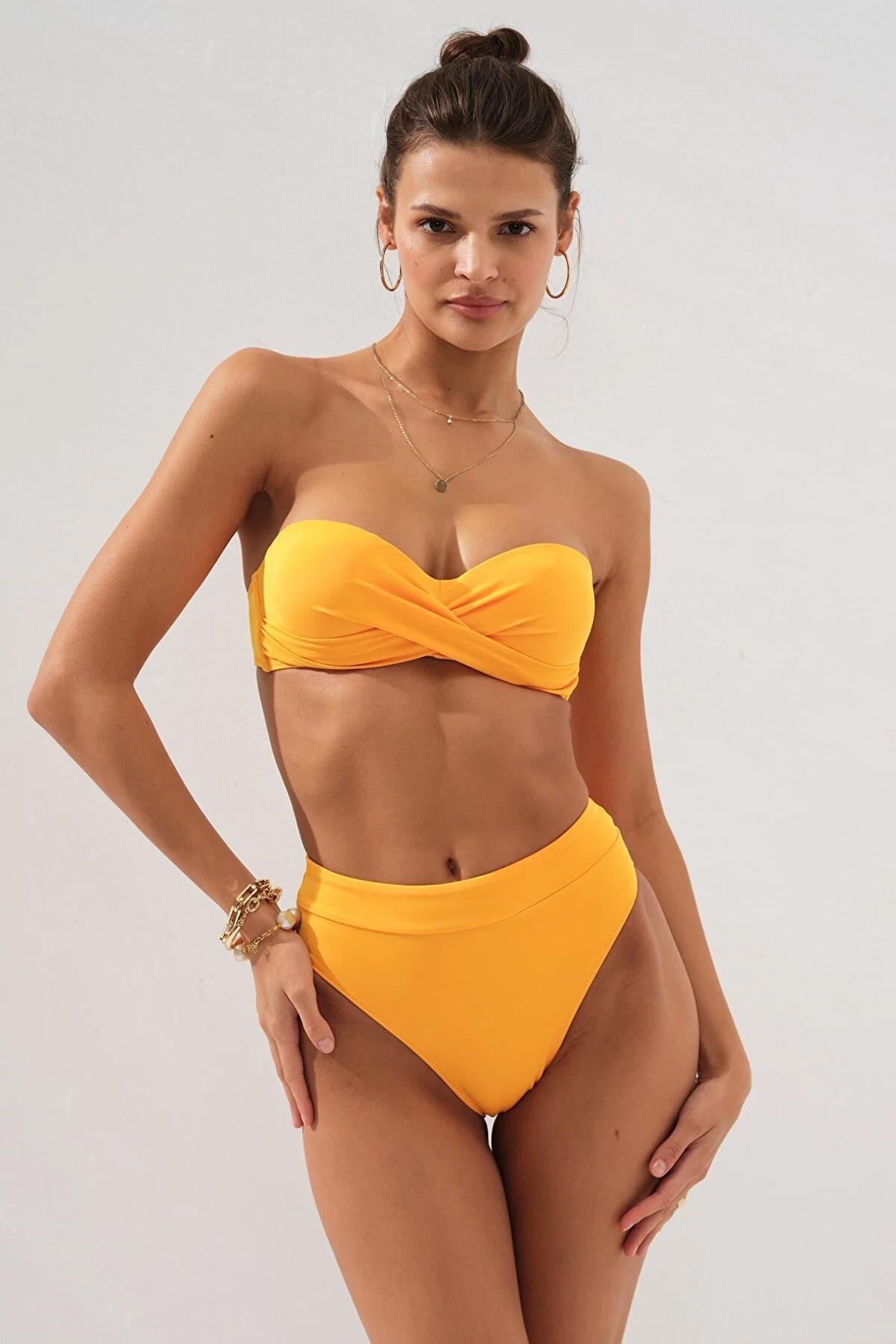 Bonie Dolgulu Straplez Yüksek Bel Bikini SARI