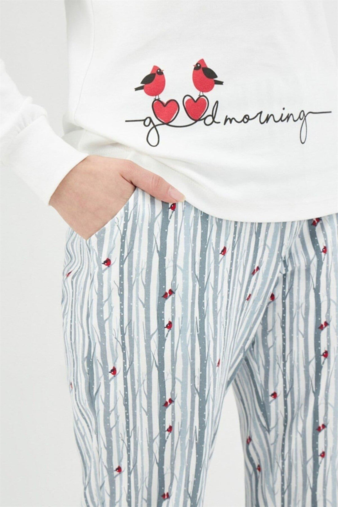 Eros 29582 Ekru Pamuklu Kuş Desenli Kadın Pijama Takımı