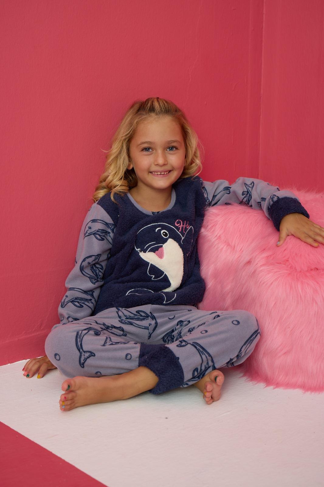 Pijamood 4177 Mavi Polar Uzun Kollu Kız Çocuk Pijama Takımı